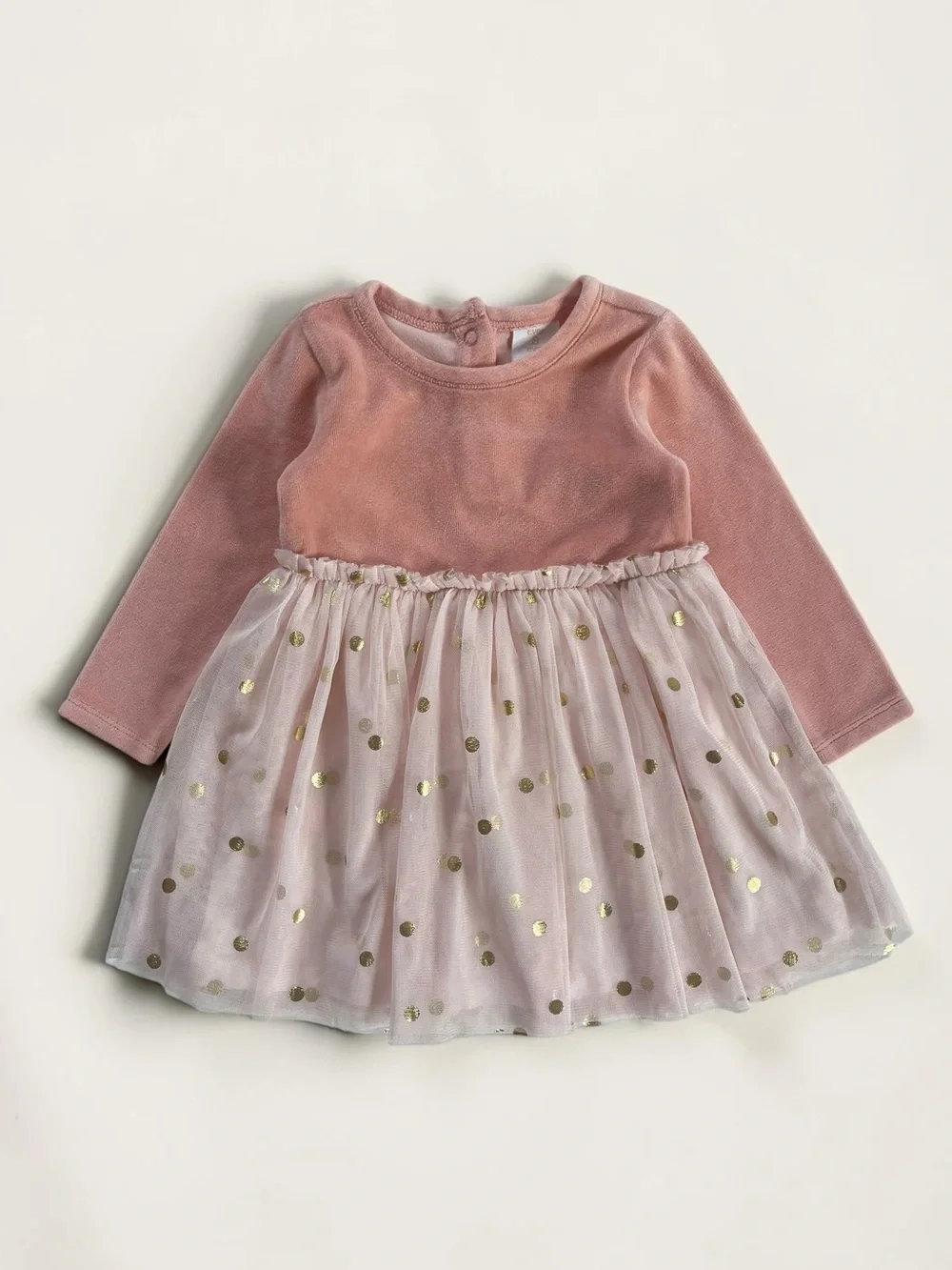 EUC Peach Velour Metallic Polka Dot Long Sleeve Tulle Dress
